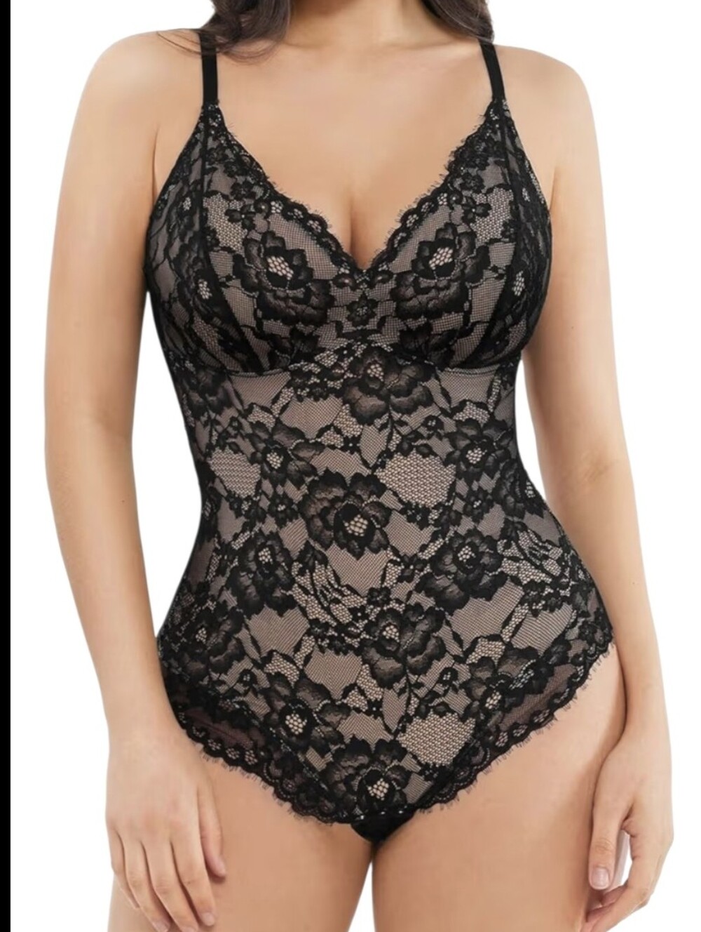 NWT Popilush Black Lace Shapewear Bodysuit V Neck Tummy Control Sculpting Linger